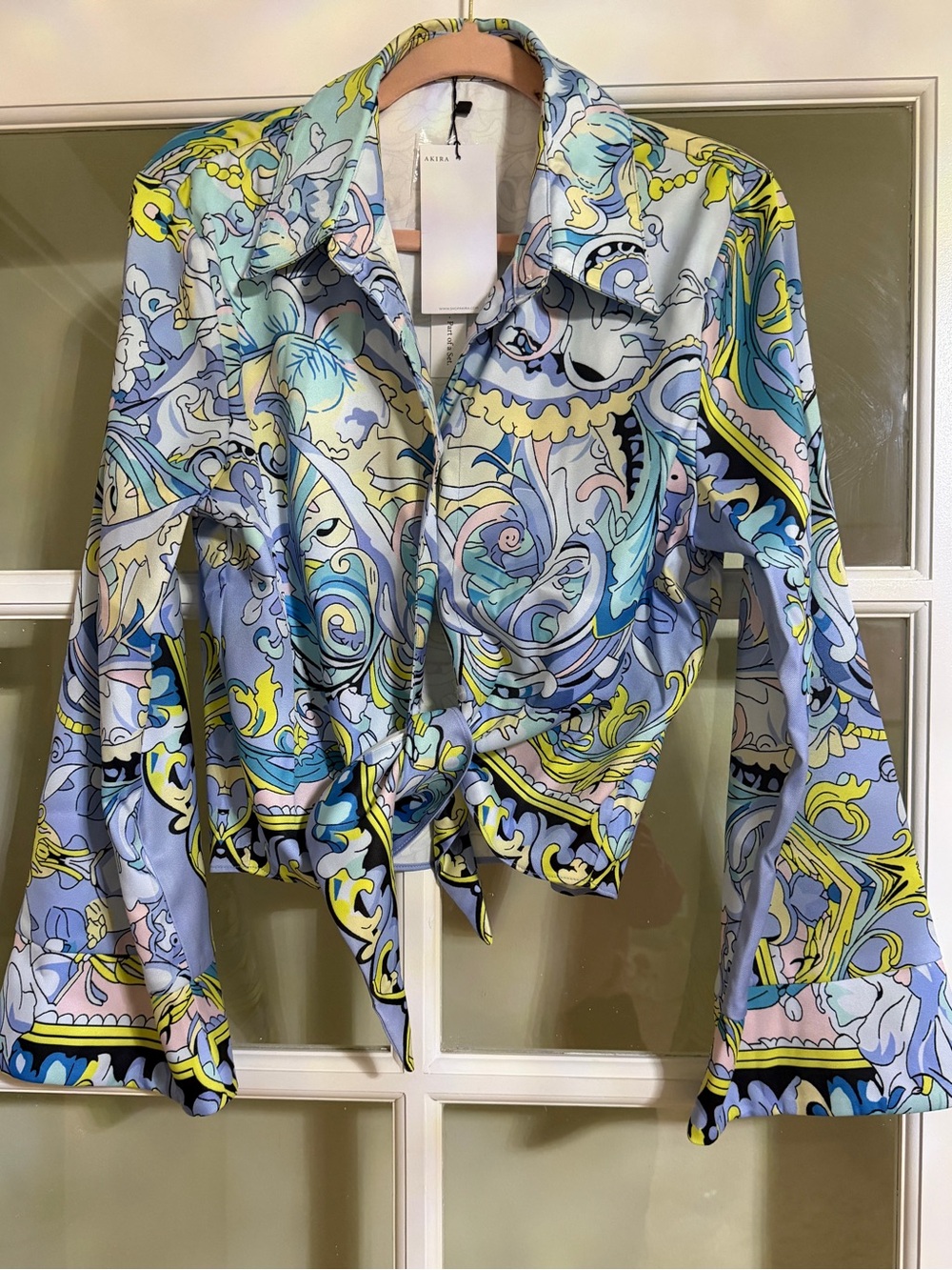 AKIRA Pastel Swirl Tie-Front Button Down Top